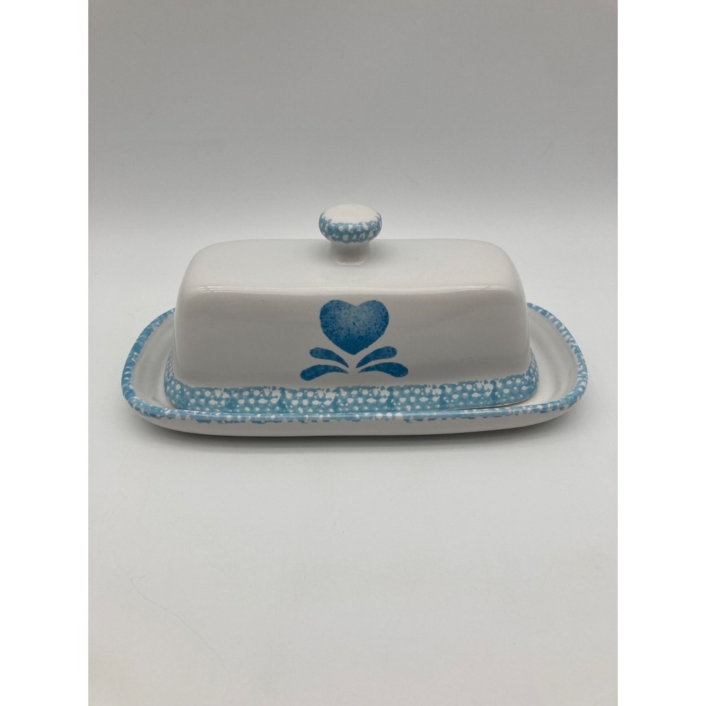 Vintage Blue Country Heart Covered Ceramic Butter Dish Lidded Tray 1 Stick